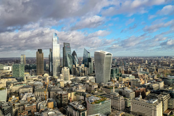 Fototapeta na wymiar London city centre aerial panorama view: financial district, Thames river, Belfast, skyscrappers, warf and buildings and St. Pauls Cathedral, Tower Bridge and The Tower