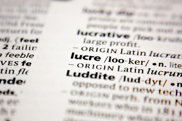 Word or phrase lucre in a dictionary.