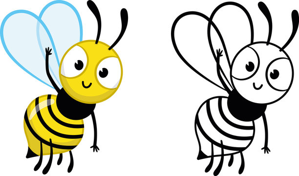 Cartoon Bee Character Greets Us. Vector Coloring Page For Kids. 