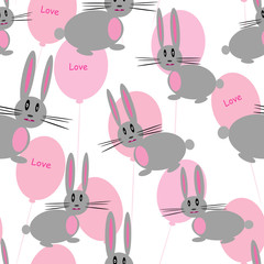 Seamless pattern with cartoon gray rabbit and pink balloons, for fabric, children's wallpaper and holidays, paper, postcard, background Valentines day