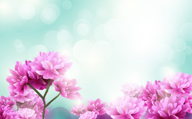 Beautiful pink flowers blooming on blue light bokeh background. Happy Valentines Day. Happy womens day