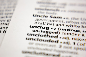 Word or phrase unclog in a dictionary.