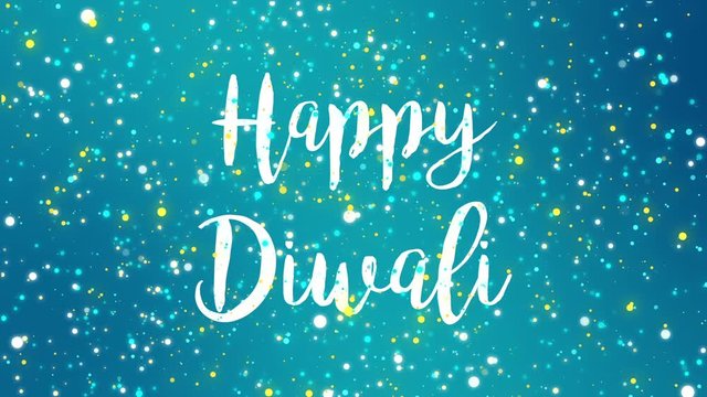 Sparkly Happy Diwali greeting card video animation with handwritten text and colorful glitter particles flickering on teal blue background.