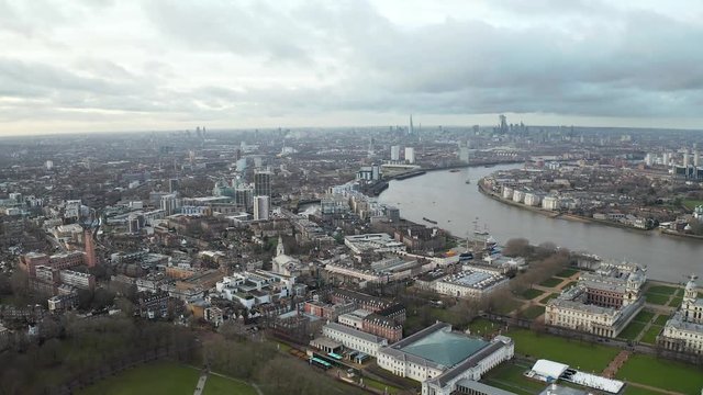 Greenwich district aerial view with Cutty Sark and the Isle of Dogs.