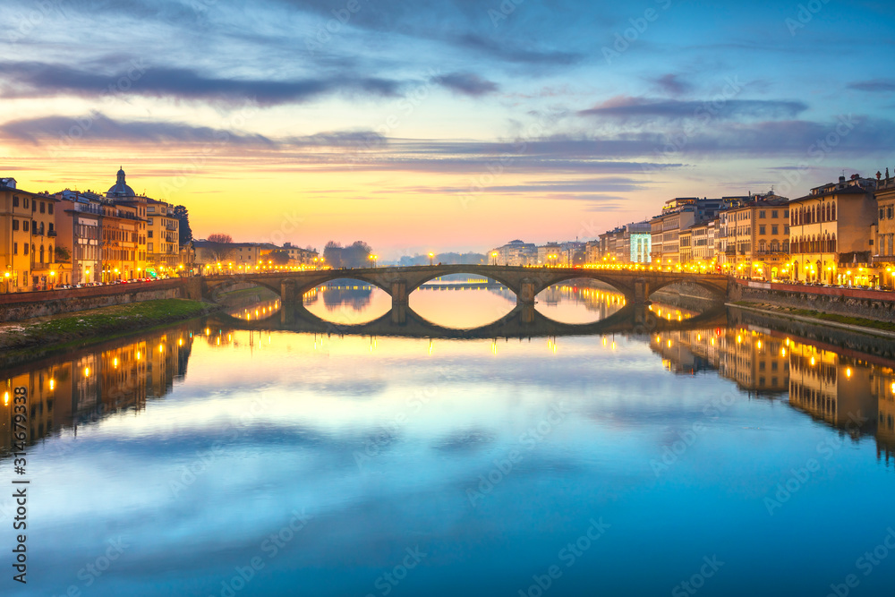 Wall mural carraia medieval bridge on arno river at sunset. florence italy