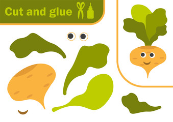 Vector illustration of a yellow turnip vegetable with a cute smile. paper game for the development of preschool children. Cut parts of the image and glue on the paper