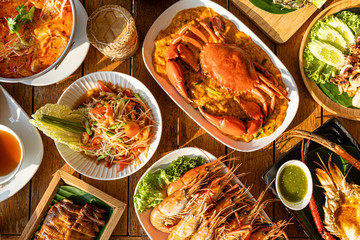 Vary Thai foods on the wood table