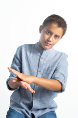 Young boy doing crazy photo session 