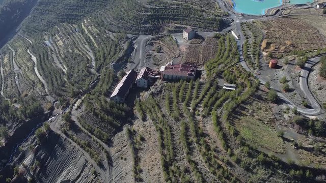 Wide aerial view looking down on the old asbestos mines of Amiantos Village, Cyprus.