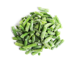 Frozen green beans isolated on white, top view. Vegetable preservation