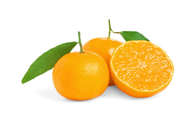 Naklejka na ściany i meble Fresh ripe tangerines with leaves isolated on white. Citrus fruit
