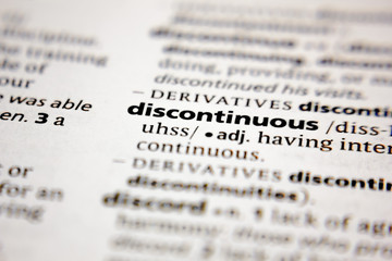 Word or phrase discontinuous in a dictionary.