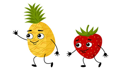 Pineapple and strawberries go together. The cartoon character smiles and waves his hand in greeting. Illustration in the flat style on a white background
