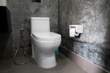 White hanging toilet seat on white toilet in the home bathroom with grey tiles in concrete style...