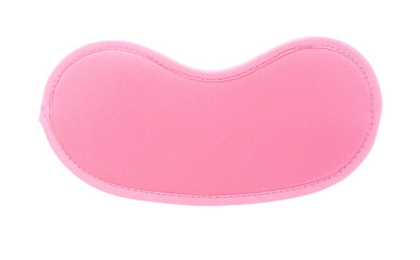 Pink sleeping eye mask isolated on white, top view. Bedtime