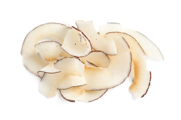 Pile of coconut chips isolated on white