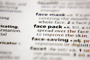 Word or phrase face pack in a dictionary.