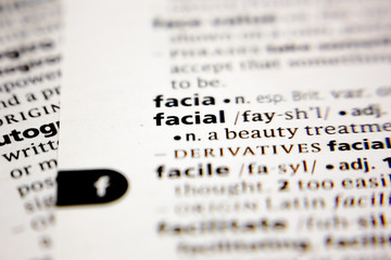 Word or phrase facial in a dictionary.