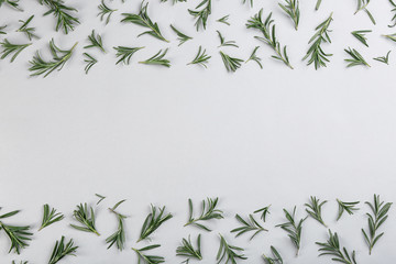 Flat lay composition with fresh rosemary on light background. Space for text