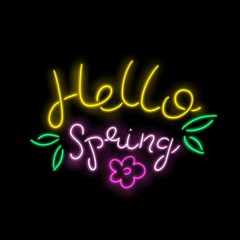 Hand written phrases in color. Greeting card text templates. Hello Spring lettering in modern calligraphy style. Spring wording. Neon light lettering Hello spring.