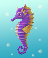 Purple seahorse with yellow fin. 3 d illustration © Nadiia