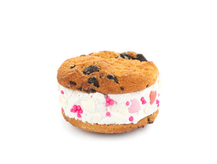 Sweet delicious ice cream cookie sandwich isolated on white
