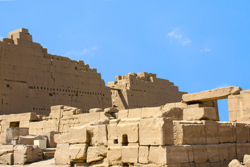 Karnak temple complex in Luxor, Egypt. Ruins of ancient temple Amun-Re with hieroglyphs.