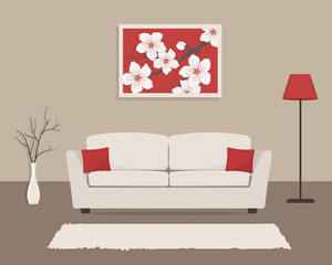 Living room interior in red and beige colors. There is a sofa with pillows, a red floor lamp, and a picture with cherry flowers in the image. There is also a vase with decorative branches here.Vector