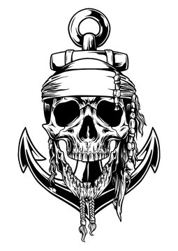 monochrome skull pirates wearing bandana with anchor symbol logo. vector object illustration