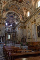Fototapeta na wymiar Inside of the church dedicated to the saints Fabiano and Sebastiano in old town of Taggia, Liguria, Italy