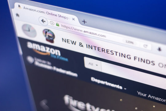 Ryazan, Russia - March 01, 2018 - Front page of Amazon market place on a display of PC, web adress: amazon.com