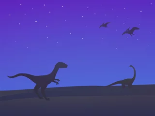 Acrylic prints Dark blue dinosaurs, velociraptor, sauropod and pterodactyls at night vector illustration