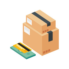 credit card with bill finance and boxes packages vector illustration design