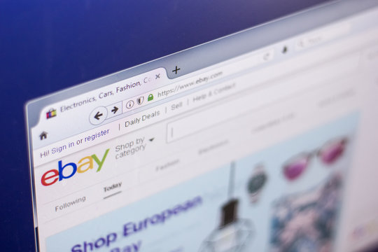 Ryazan, Russia - March 01, 2018 - Official page of online auction Ebay with logo on a display of computer, web adress - ebay.com