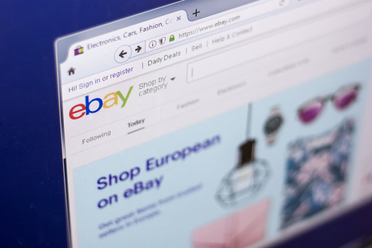 Ryazan, Russia - March 01, 2018 - Official page of online auction Ebay with logo on a display of computer, web adress - ebay.com