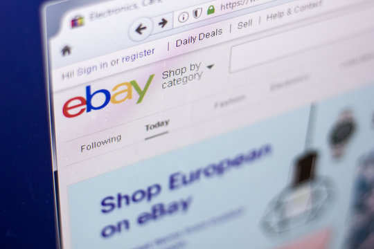 Ryazan, Russia - March 01, 2018 - Official page of online auction Ebay with logo on a display of computer, web adress - ebay.com
