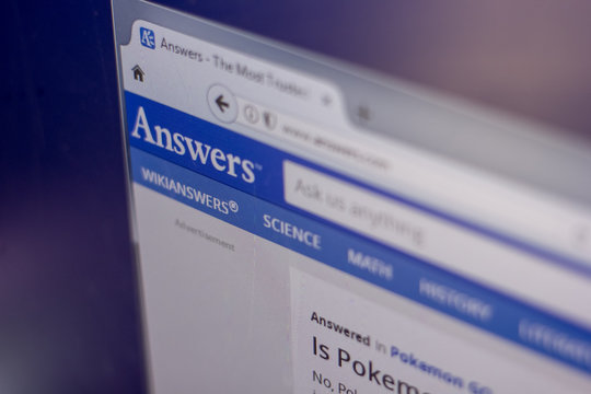 Ryazan, Russia - March 01, 2018 - Homepage of Answers service on a display of PC, web adress - answers.com