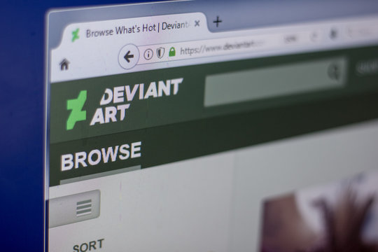 Ryazan, Russia - March 01, 2018 - Homepage of Deviantart site on a display of PC, web adress - deviantart.com