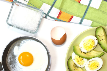 Green plate with boiled egg and avocado seasoned with salt and paper. One fried egg on the little pan. White background. Copy space. Place for text and design. Top view. Flat lay.