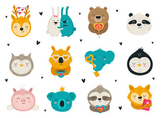 Vector collection of hand drawing cute animals for Valentine's day