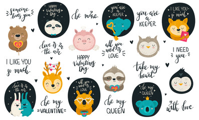 Vector collection of hand drawing cute animals and lovely slogans for Valentine's day