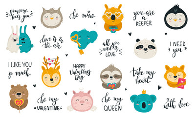 Vector collection of hand drawing cute animals and lovely slogans for Valentine's day