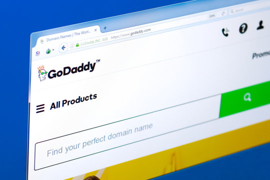 Ryazan, Russia - March 28, 2018 - Homepage of GoDaddy domains seller on a display of PC, web adress - godaddy.com.