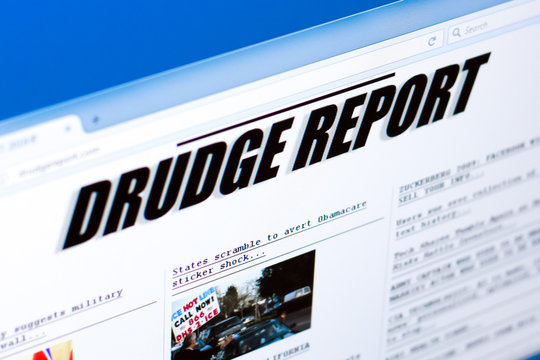 Ryazan, Russia - March 28, 2018 - Homepage of Drudge Report website on a display of PC, web adress - drudgereport.com.