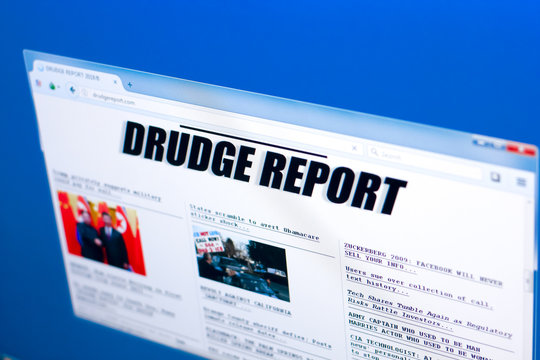 Ryazan, Russia - March 28, 2018 - Homepage of Drudge Report website on a display of PC, web adress - drudgereport.com.