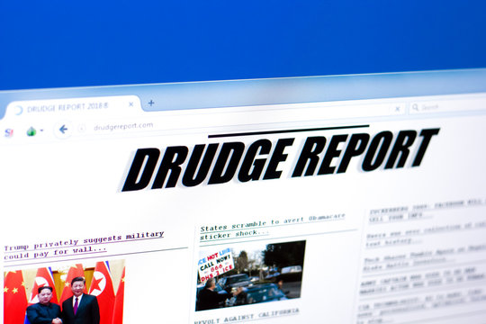 Ryazan, Russia - March 28, 2018 - Homepage of Drudge Report website on a display of PC, web adress - drudgereport.com.
