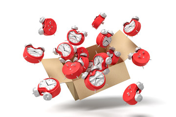 3d rendering of cardboard box in air full of bent deformed alarm clocks which are flying out and floating outside. © gearstd