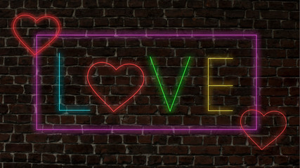 Card for Saint Valentine's Day. Neon lighted word on black brick wall background. Copyspace. Modern artwork, bright wallpaper. Flyer for your device, design or advertisement. Romantic, love concept.