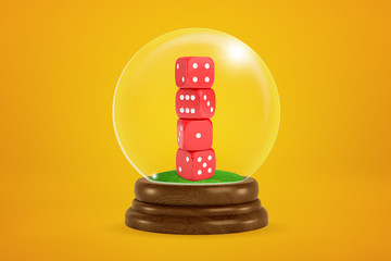 3d rendering of stack of four red dice inside snowglobe on amber background.