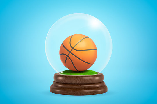 3d rendering of a basketball inside snow globe on light blue gradient background.